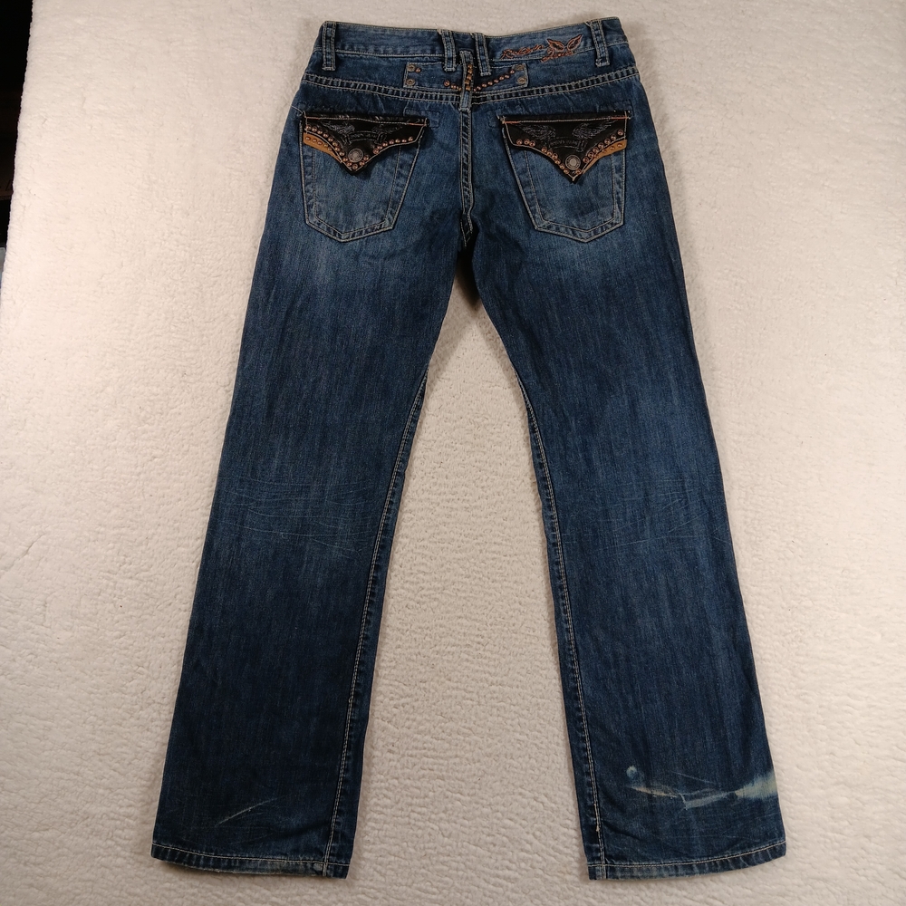 Robin's Jeans Mens 32x33 Blue Denim Easy Ryder Studded Leather Flap Bootcut Moto